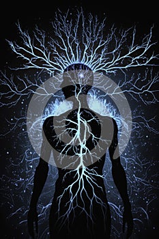 Silhouette of a Human Figure, Surrounded by a Network of Neurons, Symbolizing the Connection between Mind, Body, and Soul.