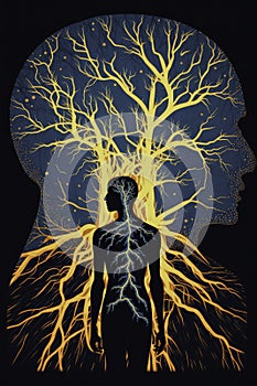 Silhouette of a Human Figure, Surrounded by a Network of Neurons, Symbolizing the Connection between Mind, Body, and Soul.