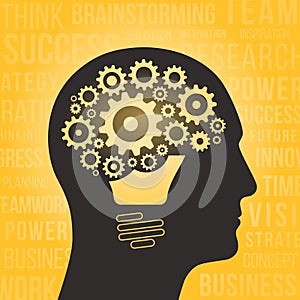 Silhouette of a human head with brain, gears and light bulb.