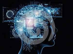Silhouette of a human head with digital circuits and data visualizations