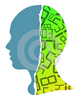 Silhouette of human head, digital numbers