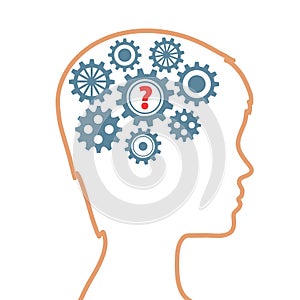 Silhouette of human head with gears as brain and sign question,