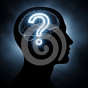 Silhouette of a human head with a glowing question mark inside, representing curiosity or uncertaint