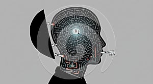 Silhouette of a human head with a labyrinth inside, symbolizing complex thoughts