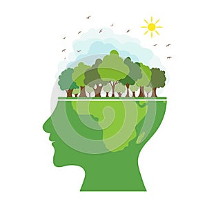 Silhouette of a human head with a natural landscape on it. Green trees, clouds and flying birds. Earth day. Think green