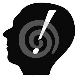 Silhouette of human head in profile with exclamation mark in brain isolated on white background. Design element
