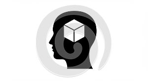 Silhouette of a human head in profile with a three-dimensional cube inside it,