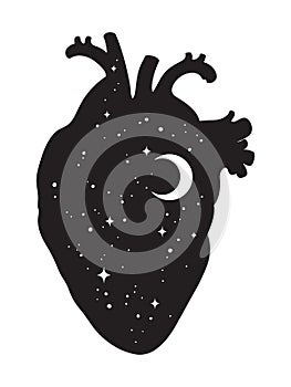 Silhouette of human heart with universe inside. Crescent moon and stars. Sticker, print or tattoo design vector illustration isola