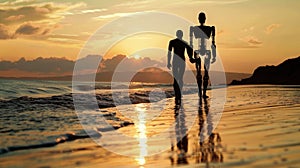 Silhouette of human and robot hand in hand on a beach, symbolizing companionship and mutual exploration. Robotic