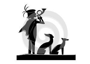 Silhouette of the hunter and dogs.