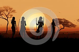 silhouette of hunter in savanna at sunset. vector illustration, Silhouettes of african aborigines at sunset. Female tribe members