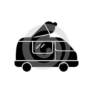 Silhouette Ice cream van. Outline icon of truck with ice cream cone on roof. Black simple illustration of car shop with summer