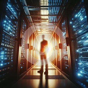 Silhouette in illuminated server room corridor