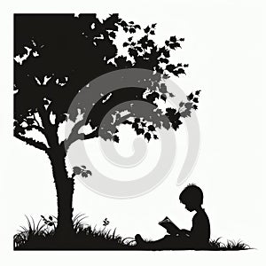 Child Reading Under Tree Silhouette â Minimal Flat Illustration for International Literacy Day