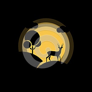 Silhouette illustration deer in the night with a tree in his side