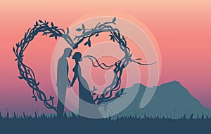 silhouette illustration of romantic couple have proposal of marriage.