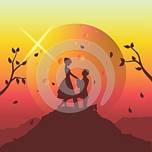 silhouette illustration of romantic couple have proposal of marriage on the cliff