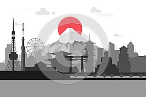 Silhouette illustration of Tokyo city in Japan.Japan landmarks