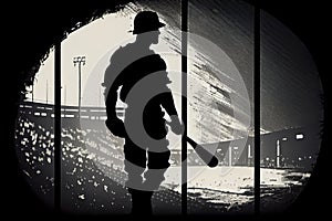 Silhouette, the image of a baseball player with a bat on the background of the stadium