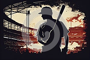 Silhouette, the image of a baseball player with a bat on the background of the stadium