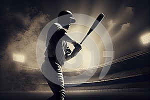 Silhouette, the image of a baseball player with a bat on the background of the stadium