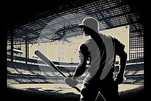 Silhouette, the image of a baseball player with a bat on the background of the stadium