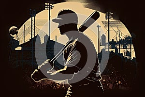 Silhouette, the image of a baseball player with a bat on the background of the stadium