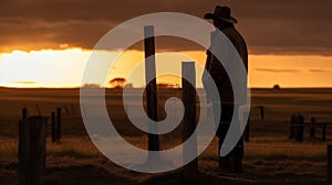 Silhouette image of farmer leaning against fence post thoughtfully at sunset. Time out after a long day\'s work on the land