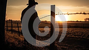 Silhouette image of farmer leaning against fence post thoughtfully at sunset. Time out after a long day\'s work on the land
