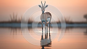 Silhouette of impala standing in tranquil sunset reflection generated by AI