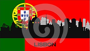 Silhouette of important buildings in the city on the flag of Portugal.