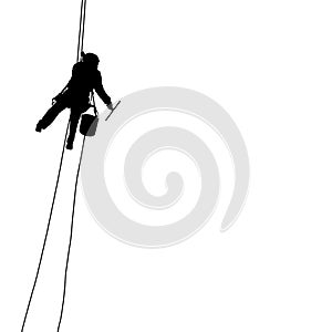 Silhouette of industrial climber washes windows on a white background