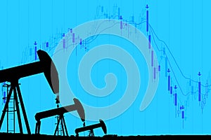 Silhouette industrial oil pump jack and falling oil graph on the blue background