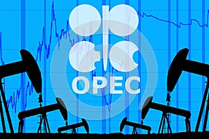 silhouette industrial oil pump jacks and oil graph with OPEC logo