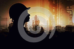 Silhouette of industrial worker with oil refinery plant as background. Generative AI