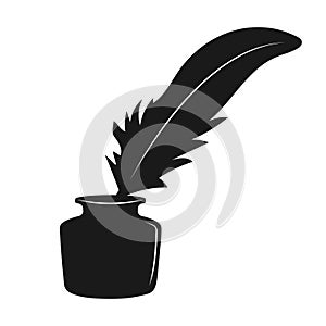 Silhouette of an inkwell with feather. Retro symbol of poetry. Ink icon on white background