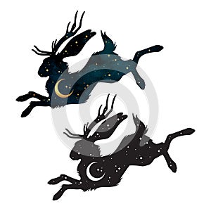 Silhouette of Jackalope hare with horns folklore magic animal with night sky with crescent moon gothic tattoo design isolated