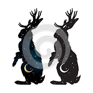 Silhouette of Jackalope hare with horns folklore magic animal with night sky with crescent moon gothic tattoo design isolated