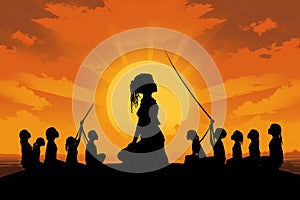Silhouette of japanese kendo warrior on sunset background Ai generative