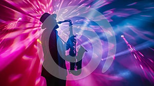 Silhouette of Jazz Musician Playing Saxophone on Stage with Colorful Dynamic Lights