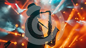 Silhouette of Jazz Musician Playing Saxophone on Stage with Colorful Dynamic Lights