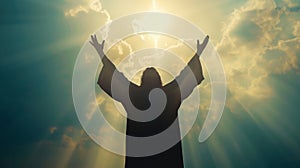 Silhouette of jesus with arms raised in spiritual gesture of redemption and divine connection photo