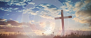 Silhouette jesus christ crucifix on cross on calvary sunset background concept for good friday he is risen in easter day, good