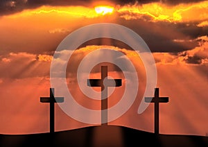 Silhouette of Jesus Christ crucifixion on cross, Good Friday Easter over heaven -Three Crosses On Hill landscape horizontal