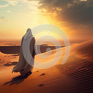 Silhouette of Jesus Christ walking on mountain hill at sunset towards the glow of the sun crucifixion pray