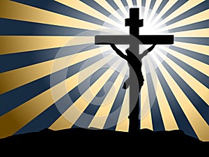 Silhouette Jesus crucifixion against rays of light background