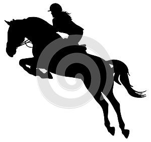 Silhouette of jockey and jumping horse, equestrian sport. Vector illustration