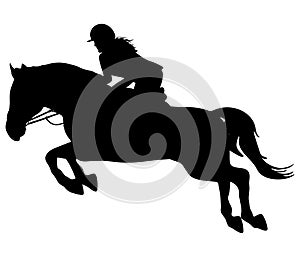 Silhouette of jockey and jumping horse, equestrian sport. Vector illustration