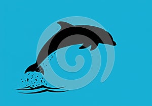 Silhouette of a jumping dolphin, possibly *Delphinus delphis*, against a bright blue photo