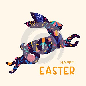 Silhouette of jumping Easter bunny with flower decorations. Happy Easter. Minimalist style design with hand drawn